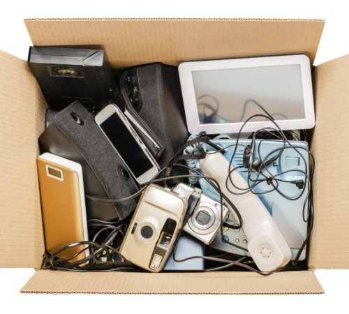old-electronic-devices-cardboard-box-concept-recycling-disposal-electronic-waste-isolated-white
